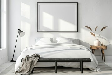 Home Interior Frame Mockup with Black Bed Bench and Lamp in Bedroom White Bedding and Wooden Bedside