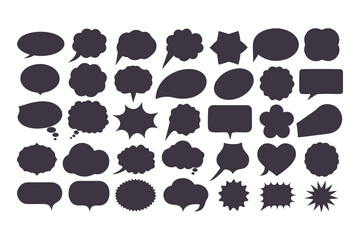Set of black speech bubble icons. Collection of various callouts for comic, manga, and chat. Flat vector silhouette dialogue boxes.