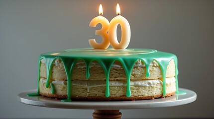 A Two-Layer Cake with Green Icing and Candles Shaped as the Number 30 on a White Stand — A Visual Symbol of Milestone, Maturity, and Festive Gratitude