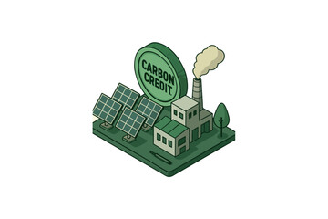 Isometric Carbon Credit with Solar Panels and Eco-Friendly Factories Color vector on white background.01
