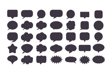 Set of black speech bubble icons. Collection of various callouts for comic, manga, and chat. Flat vector silhouette dialogue boxes.