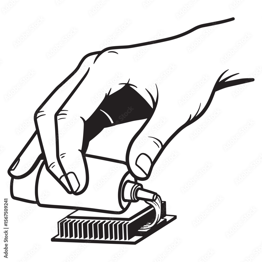 Aufkleber hand applying thermal paste to a computer cpu processor cooling heatsink in black and white