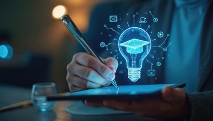 Education technology AI concept with lightbulb, graduation cap, education icons. Represents online courses, webinars, digital learning, academic innovation. Perfect for EdTech advancements, virtual