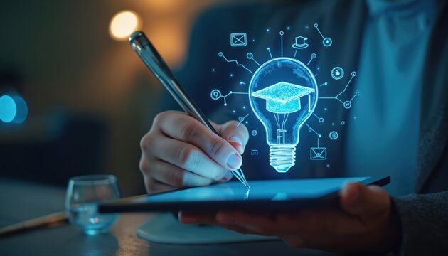 Education technology AI concept with lightbulb, graduation cap, education icons. Represents online courses, webinars, digital learning, academic innovation. Perfect for EdTech advancements, virtual