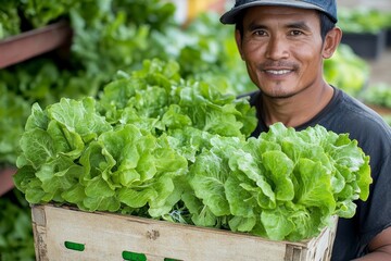 Fresh from the farm: A gardener carrying a crate of fresh lettuce, preparing to sell it to a customer, Generative AI