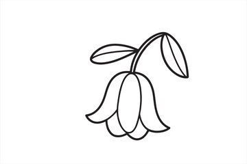  Minimalist outline of two bell-shaped flowers with leaves in black and white.