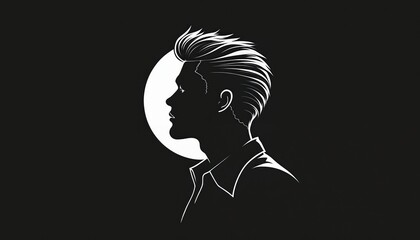 Stylish male silhouette profile illustration features unique hair design, crisp lines. White on black, graphic art perfect for branding, logos, avatars, identity concepts. Modern, minimalist, clean