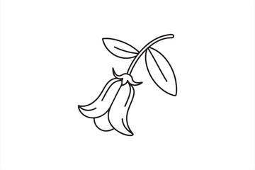 Simple black and white outline of a bell-shaped flower with leaves.