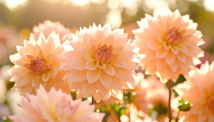 Fototapeta premium A close-up of soft peach dahlias glowing in morning light, their delicate petals layered in a beautiful natural arrangement—pure floral elegance and serenity.