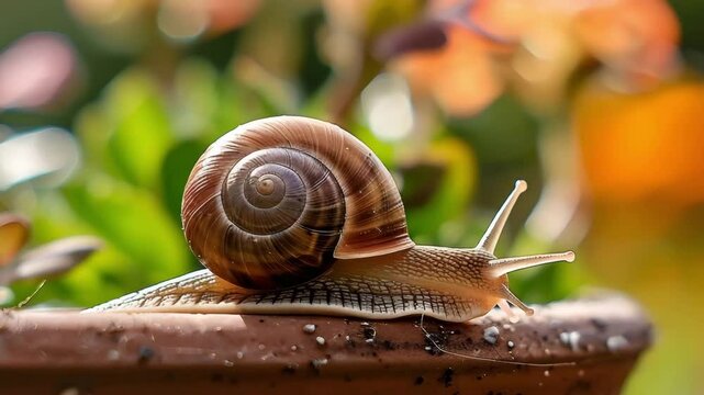 Snail with brown spiral shell crawling close up on clay pot in nature with blurred green and orange foliage background under soft natural light animal