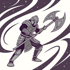 Illustration of a warrior in armor holding a large axe with a swirling background design art