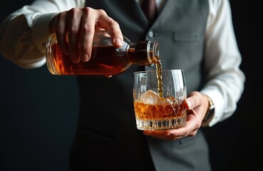 Man in elegant suit pours amber whiskey with ice into crystal glass. Connoisseur enjoys rich liquor beverage at bar. Celebration of success, luxury lifestyle, refined taste, sophisticated leisure,