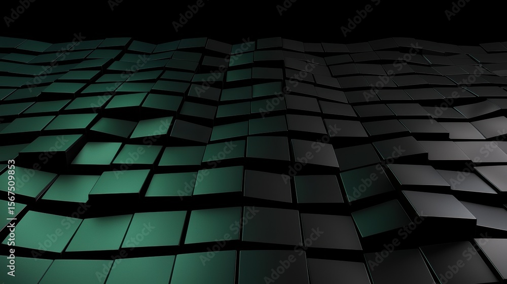 Poster a 3d rendering of a futuristic cityscape with a dark green and black color scheme.