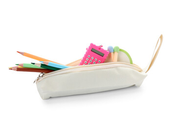 Stylish pencil case with different stationery isolated on white background