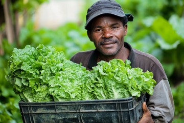 Fresh from the farm: A gardener carrying a crate of fresh lettuce, preparing to sell it to a customer, Generative AI