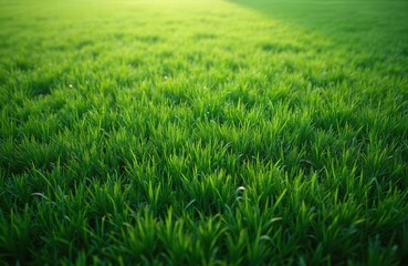 Obraz premium Close-up perspective of rich green grass texture with soft sunlight. Uniform growth creates clean, natural background for spring or summer themes. Vibrant green provides ample copy space for design.