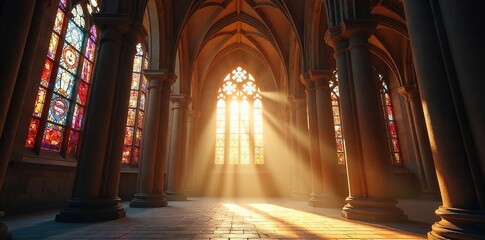 Sunbeams Dance Through Cathedral Stained Glass, Illuminating Dust Motes in Peaceful Tranquility.  Ancient stone architecture, spiritual atmosphere.
