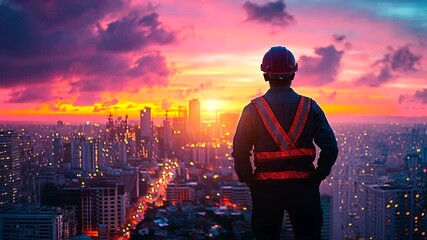 Construction Worker Overlooking City at Sunset (2)