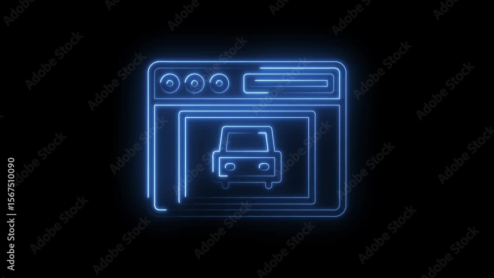 Poster neon car on a webpage interface glowing lines and futuristic design isolated on black background