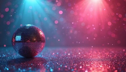 Disco ball spins, casting glitter and colorful lights. Retro style background for nightlife, party, celebration. Festive mood with bokeh effects and copy space for text.