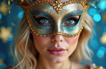 Woman with sparkling carnival mask, detailed with gold, teal glitter accents, jewels. Blue eyes visible, blonde hair. Festive atmosphere with bokeh lights in background. Perfect for celebration,