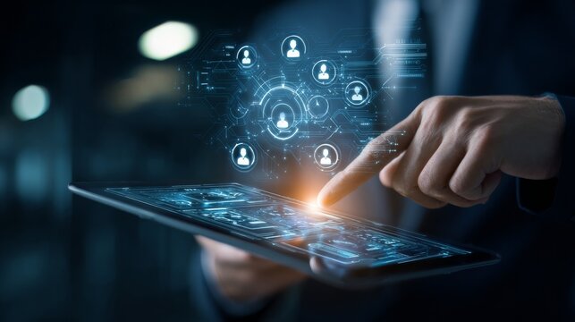 Close-up of a hand in a dark suit sleeve interacting with a glowing tablet, displaying a holographic interface with circuit-board patterns and circular icons featuring white user silhouettes - Powered by Adobe