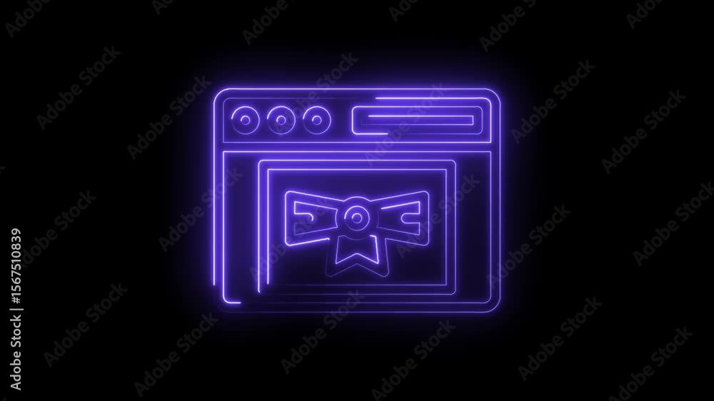 Poster neon browser window icon with gift box inside against black background for ecommerce applications