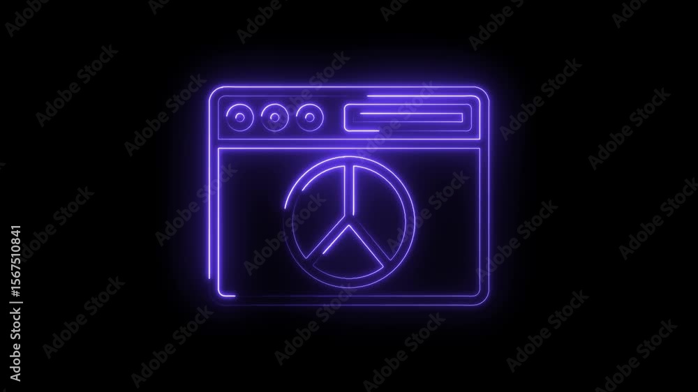 Poster neon website interface displaying a peace symbol animation against a dark background