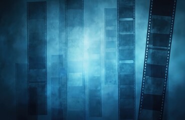 Obraz premium Blue abstract background with vintage filmstrip frames. Cinematic, nostalgic, retro movie film texture. Multiple filmstrips arranged vertically, some blurred. Evokes memories of old movies.