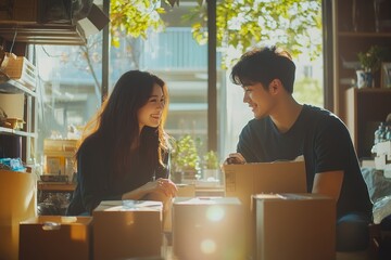 Concept of a young couple moving house: Asian couple unpacking boxes and setting up their new home, Generative AI