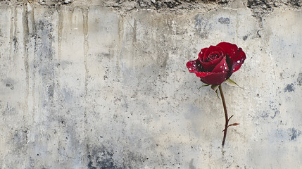 Red rose with water droplets against a weathered concrete wall
