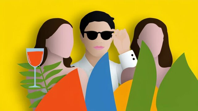 Man in sunglasses stands between two women, one of whom is holding a wine glass. The image is a collage of three people, with the man in the middle and the two women on either side