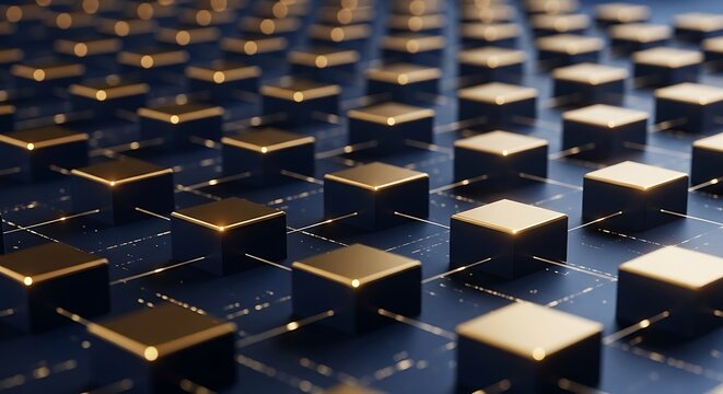 Ai generated image of a grid of golden cubes on a blue surface creates an abstract network