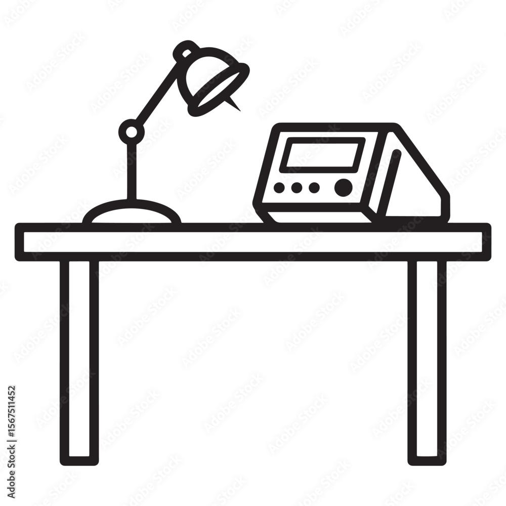 Poster minimalist illustration of a desk with a lamp and an electronic device for design projects.