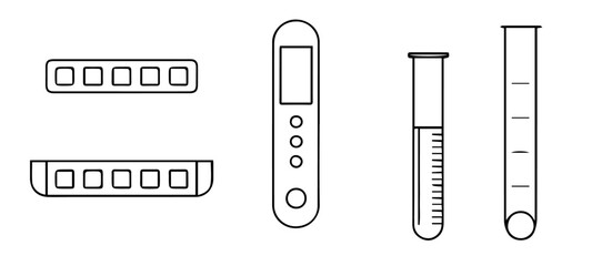 Modern Black Line Icons of Home Water Testing Kits – Minimal & Precise .thermometer and pills