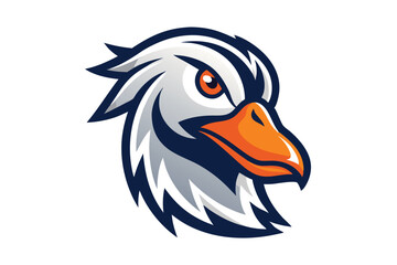 Fierce duck head showcases orange beak and eye, emphasizing strength and boldness