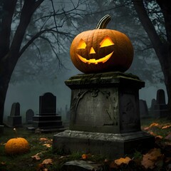 A single, brightly glowing jack-o'-lantern at weathered tombstone in a misty graveyard. 
