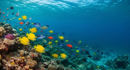 Vibrant coral reef teeming with diverse, colorful fish in clear, blue ocean water