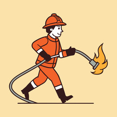 Obraz premium Brave Firefighter Running with Hose Extinguishing Flames