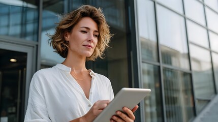 Fototapeta premium Professional Woman Using Tablet Outside Office