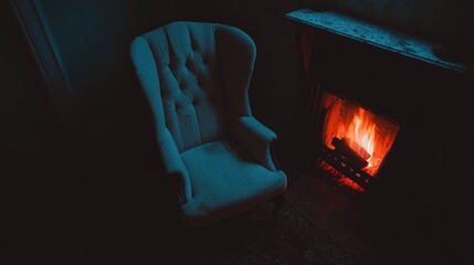 Cozy Fireplace and Teal Armchair in Dimly Lit Room, Moody Scene.