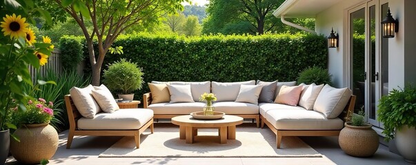 Sunny Patio with Stylish Outdoor Furniture Relaxing Summer Scene for Comfortable Outdoor Living