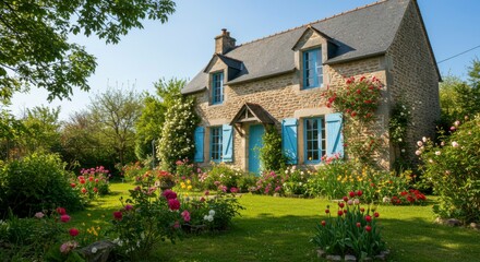 Quaint stone cottage nestled in a vibrant garden