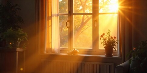 Golden Hour Sunlight Streaming Through Window, Illuminating Dust Motes Dancing in Air on a Peaceful Sunday Morning. Warm Light, Calm Atmosphere, Serene Home Interior.