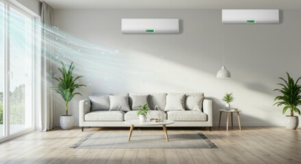 An indoor scene with two air conditioners above a couch, with air streams, plants, and a window