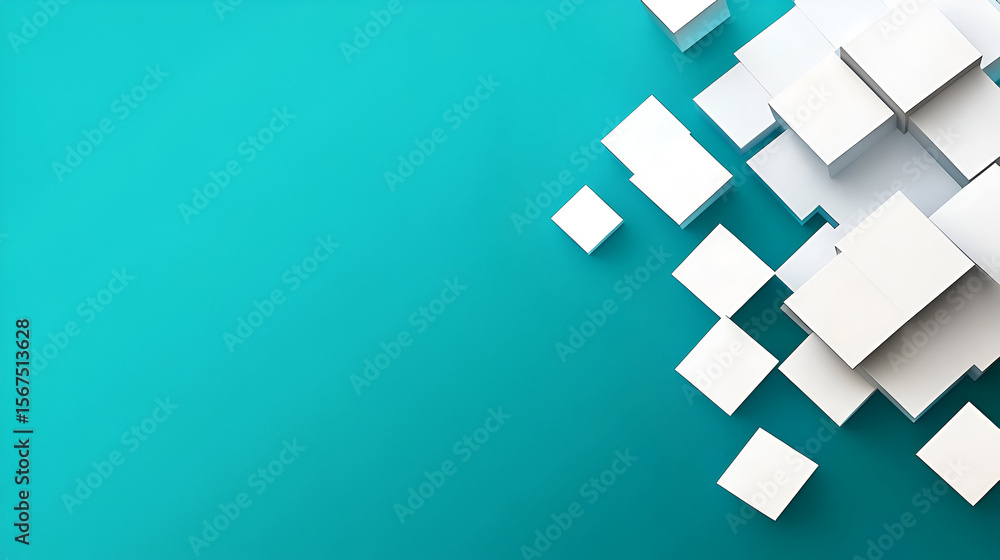 Fototapete turquoise background with scattered white cubes some overlapping creating a 3d effect