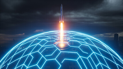 Rocket Launch Above Protective Shield: A futuristic rocket ascends into the dark sky, launching from atop a glowing geodesic dome. An illustrative capture evoking innovation and protection.