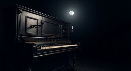 Ai generated image of a black upright piano sits in the dark under the moonlight