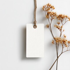Blank textured tag mockup with twine and dried flowers minimalist autumnal branding design.