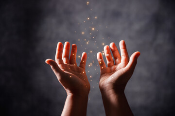 Christian woman lifts her hand in worship to pray, hope, faith, and deep belief in God defines core...